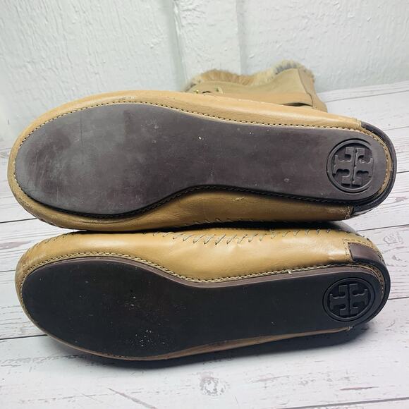 Tory Burch Suede Rabbit Fur Boots Brown Tan Mid-Calf Moccasins Womens 9 Jaden - Picture 4 of 8